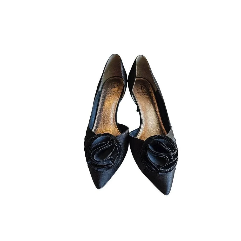 Black Satin Peep Toe Heels With Rosette Detail 3.5
